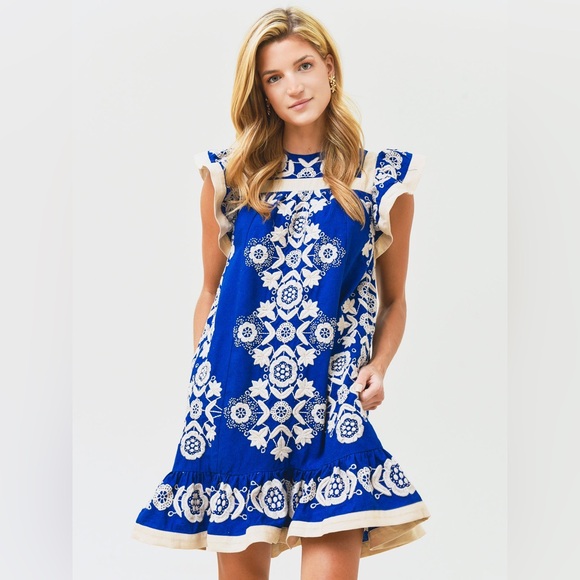 Sea NY Manuela Flutter Sleeve tunic dress S Blue Embroidered Linen New no tags - Picture 4 of 8